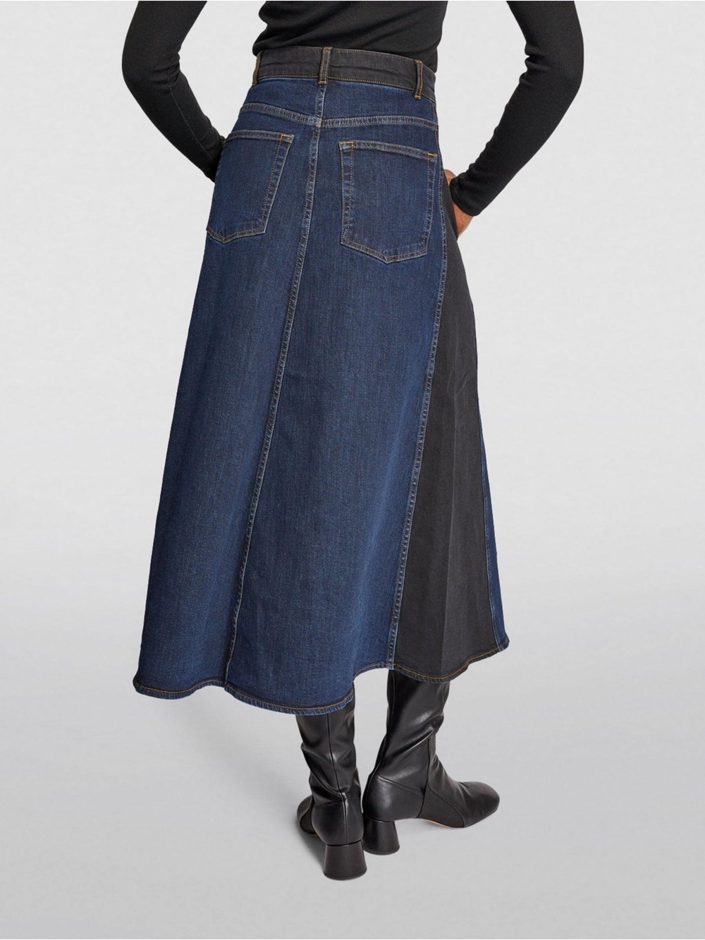 ME+EM Two-Tone Denim Maxi Skirt in Dark Blue and Black